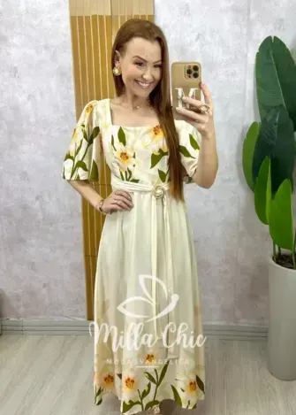Vestido Lírio  em viscosarja - natural estampado - Milla Chic