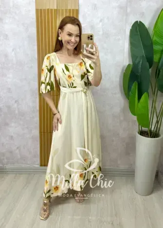 Vestido Lírio  em viscosarja - natural estampado - Milla Chic