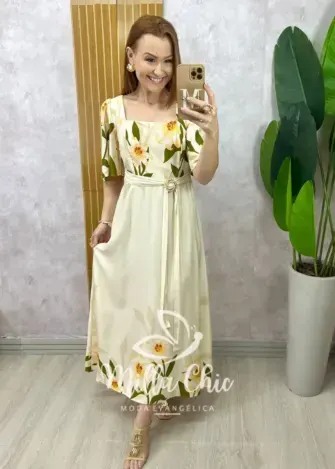 Vestido Lírio  em viscosarja - natural estampado - Milla Chic