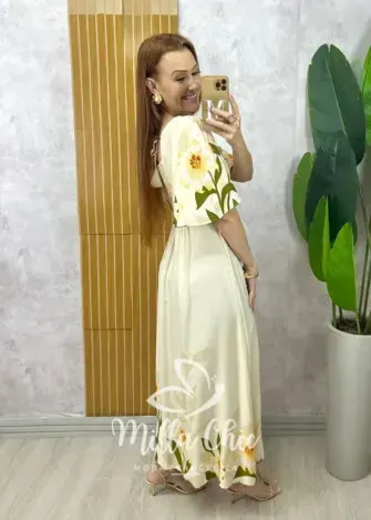 Vestido Lírio  em viscosarja - natural estampado - Milla Chic