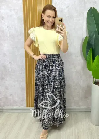 Saia longa Amélia em viscolinho - azul marinho estampado - Milla Chic
