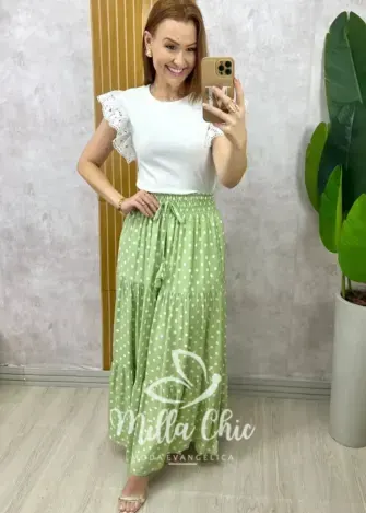 Saia longa Amélia em viscolinho - póa menta - Milla Chic