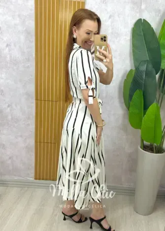 Vestido Chemise Débora em viscolinho listrado preto - Milla Chic