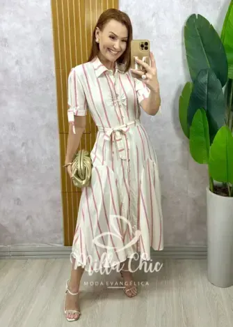 Vestido Chemise Débora em viscolinho listrado rose - Milla Chic