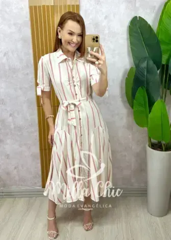 Vestido Chemise Débora em viscolinho listrado rose - Milla Chic