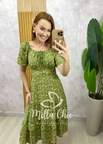 Vestido Ivone em viscolinho - Verde menta  estampado - Milla Chic