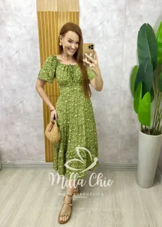 Vestido Ivone em viscolinho - Verde menta  estampado - Milla Chic