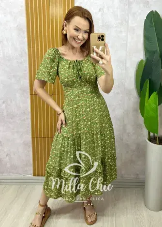 Vestido Ivone em viscolinho - Verde menta  estampado - Milla Chic