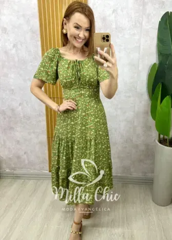 Vestido Ivone em viscolinho - Verde menta  estampado - Milla Chic