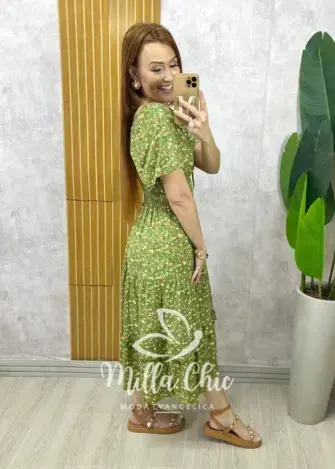 Vestido Ivone em viscolinho - Verde menta  estampado - Milla Chic