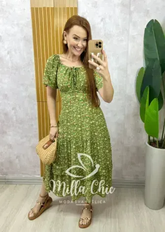 Vestido Ivone em viscolinho - Verde menta  estampado - Milla Chic