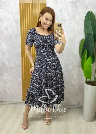 Vestido Ivone em viscolinho - Azul marinho estampado - Milla Chic