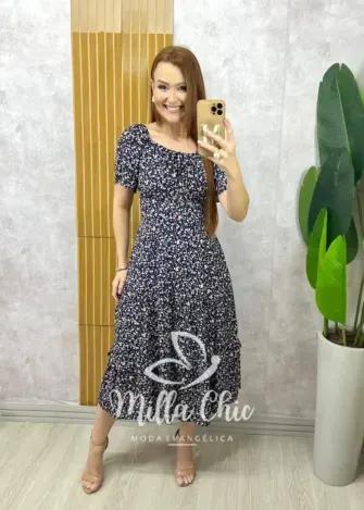 Vestido Ivone em viscolinho - Azul marinho estampado - Milla Chic
