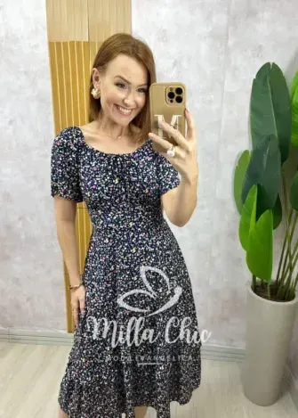 Vestido Ivone em viscolinho - Azul marinho estampado - Milla Chic