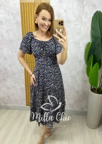 Vestido Ivone em viscolinho - Azul marinho estampado - Milla Chic