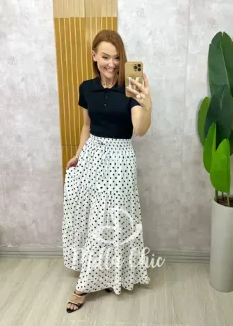 Saia longa Amélia em viscolinho - Branca em póa - Milla Chic