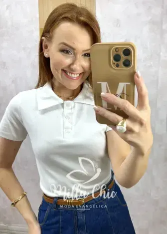 Blusa Tânia Gola Polo Malha - Branca - Milla Chic