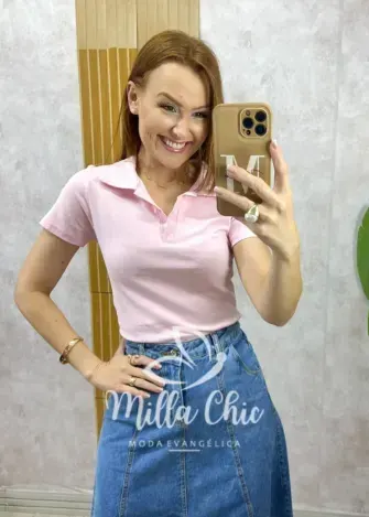 Blusa Tânia Gola Polo Malha - Rosa pó - Milla Chic