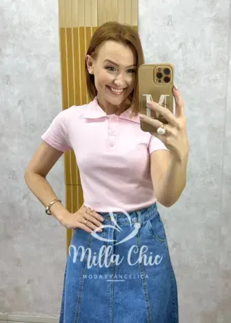 Blusa Tânia Gola Polo Malha - Rosa pó - Milla Chic