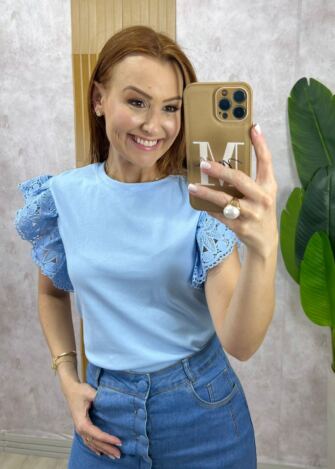 Milla Chic - Blusa Marília em malha algodão com guipper - Azul