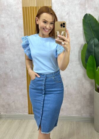 Milla Chic - Blusa Marília em malha algodão com guipper - Azul