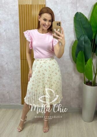 Milla Chic - Blusa Marília em malha algodão com guipper - Rosa