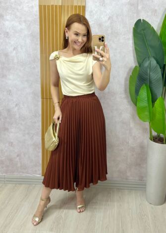 Milla Chic - Saia Plissada Augusta Midi -Castanho