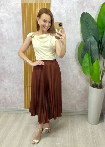 Milla Chic - Saia Plissada Augusta Midi -Castanho