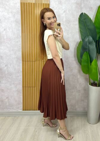 Milla Chic - Saia Plissada Augusta Midi -Castanho