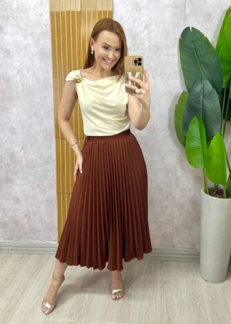 Milla Chic - Saia Plissada Augusta Midi -Castanho