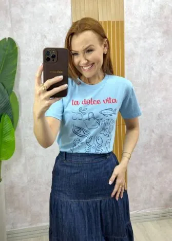 Milla Chic - T-Shirt La Dolce Vita Em Malha Algodão - Azul
