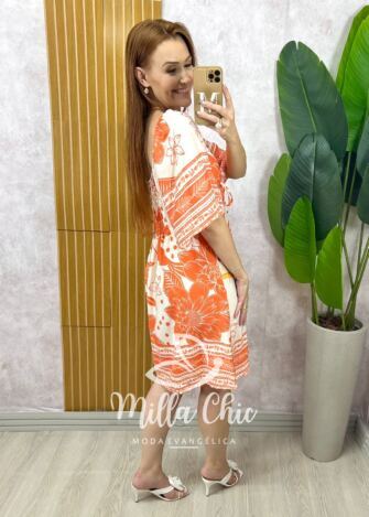 Milla Chic - Vestido Catarina em Viscosarja Modelo Joelho - Laranja
