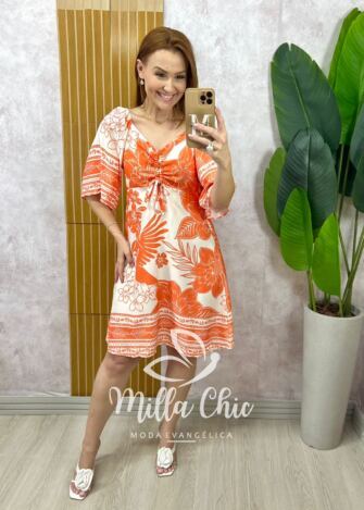 Milla Chic - Vestido Catarina em Viscosarja Modelo Joelho - Laranja