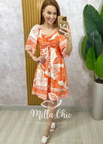 Milla Chic - Vestido Catarina em Viscosarja Modelo Joelho - Laranja