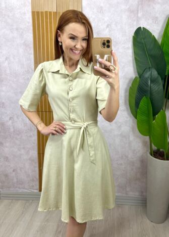 Milla Chic - Vestido Chemise Verônica Em Linho - Verde Pistache