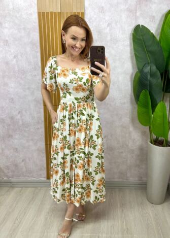 Milla Chic - Vestido Thassia Em Viscolinho -  natural estampado