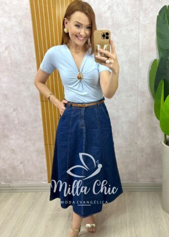 Saia jeans Regina com cinto - Milla Chic