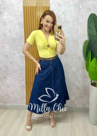 Saia jeans Regina com cinto - Milla Chic