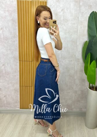 Saia jeans Regina com cinto - Milla Chic