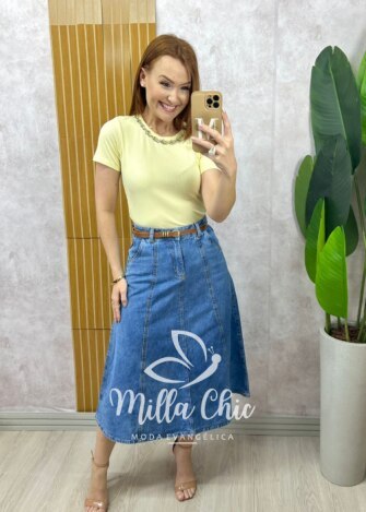 Saia jeans Regina com cinto - Jeans Claro - Milla Chic