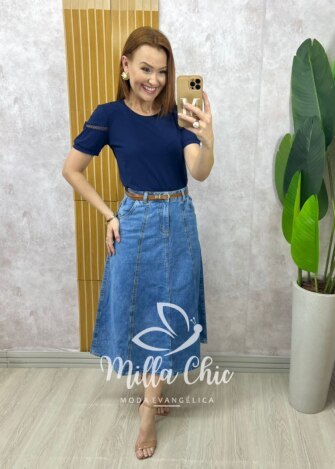 Saia jeans Regina com cinto - Jeans Claro - Milla Chic
