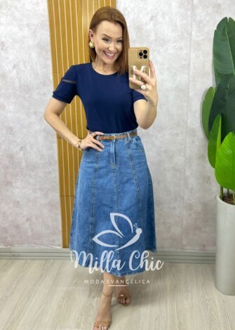 Saia jeans Regina com cinto - Jeans Claro - Milla Chic