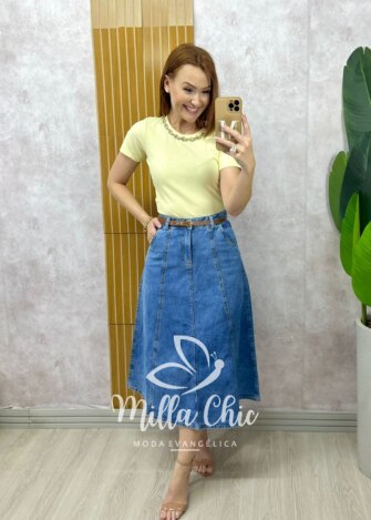 Saia jeans Regina com cinto - Jeans Claro - Milla Chic