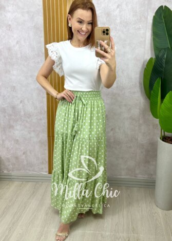 Saia longa Amélia em viscolinho - póa menta - Milla Chic