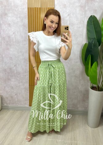 Saia longa Amélia em viscolinho - póa menta - Milla Chic