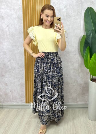 Saia longa Amélia em viscolinho - azul marinho estampado - Milla Chic