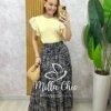Saia longa Amélia em viscolinho - azul marinho estampado - Milla Chic