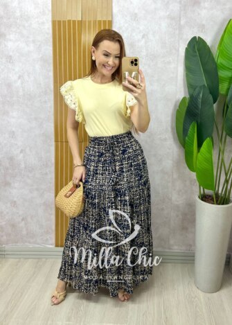 Saia longa Amélia em viscolinho - azul marinho estampado - Milla Chic