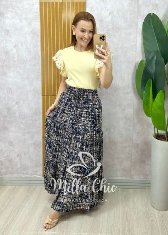 Saia longa Amélia em viscolinho - azul marinho estampado - Milla Chic