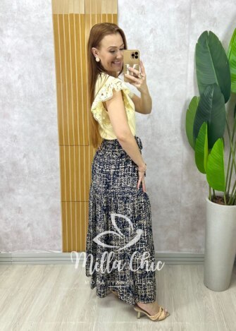 Saia longa Amélia em viscolinho - azul marinho estampado - Milla Chic